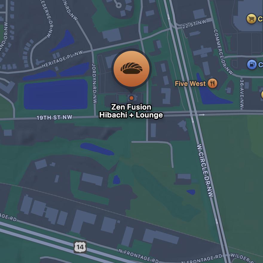 Apple Maps view of Zen Fusion Hibachi + Lounge in Rochester, Minnesota